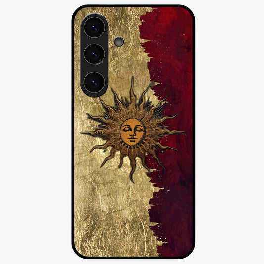 Crimson Sun Majesty Glass Case showing flat back view with radiant sun inspired artwork and glossy glass finish.