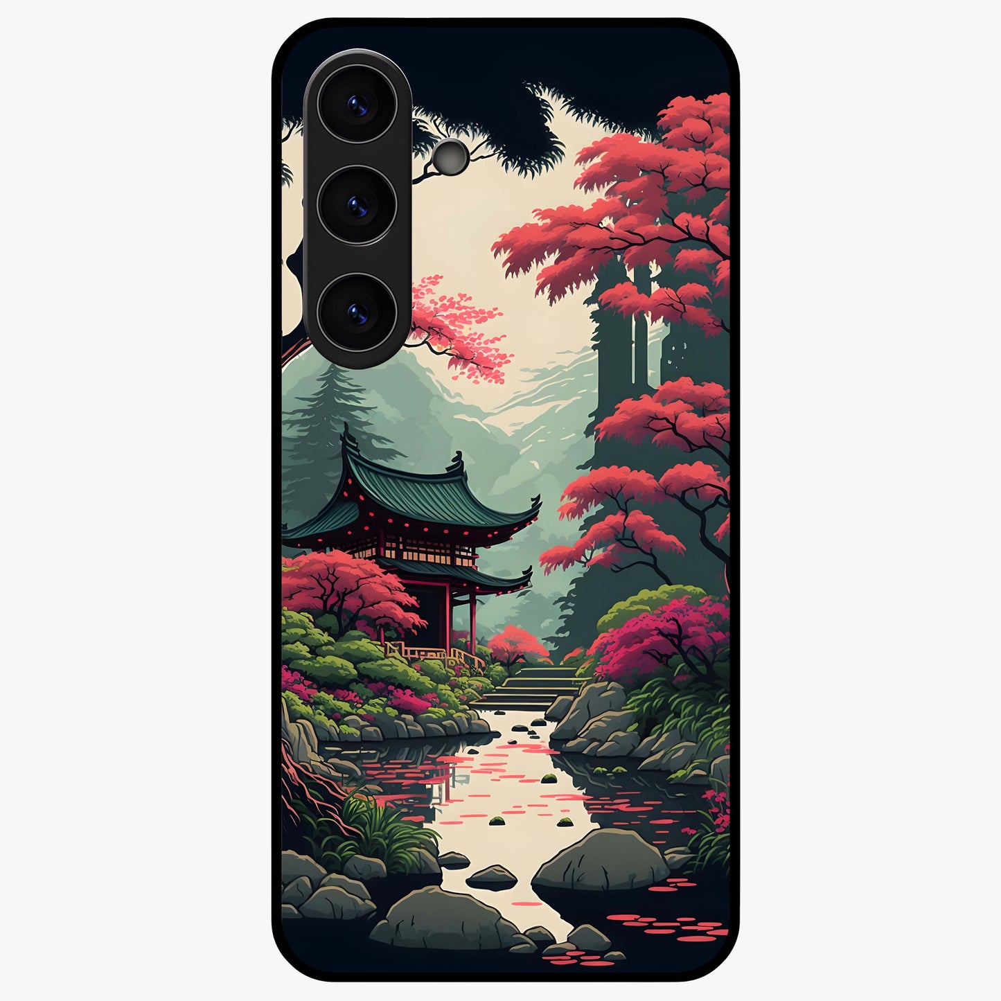 Crimson Temple View Glass Case showing flat back view with temple inspired artwork and glossy glass finish.