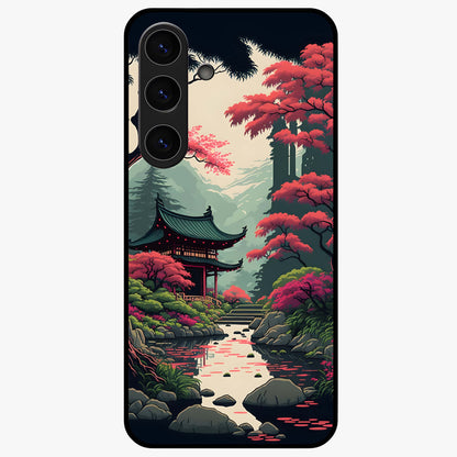 Crimson Temple View Glass Case showing flat back view with temple inspired artwork and glossy glass finish.