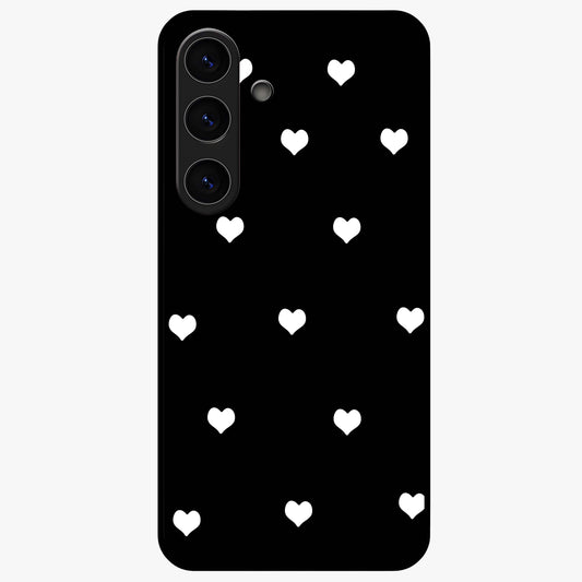 Cute And Simple White Hearts Glass Case showing flat back view with minimal white heart pattern and glossy glass finish.