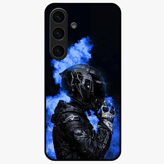 Cyber Sentinel Protocol Glass Case showing flat back view with futuristic cyber themed artwork and glossy glass finish.