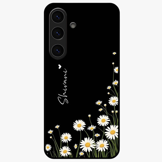 Daisy Cascade Custom Name Glass Case showing flat back view with cascading daisy flowers and personalized name design.