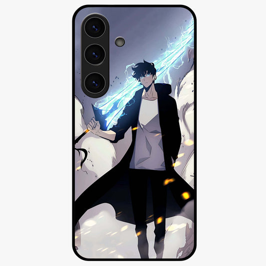 Dark Lightning Anime Warrior Glass Case showing flat back view with intense anime warrior artwork and glossy glass finish.