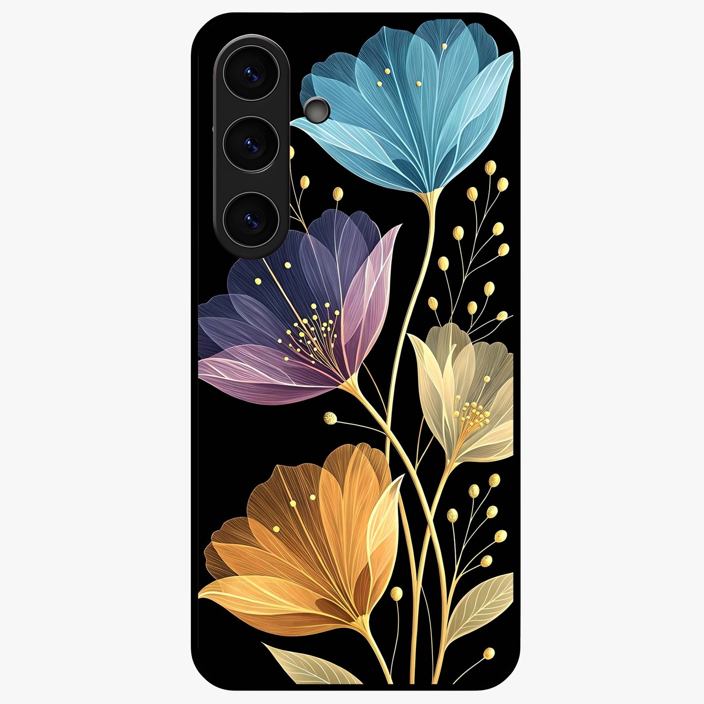 Delicate Multicolor Flowers Glass Case showing flat back view with vibrant floral artwork and glossy glass finish.
