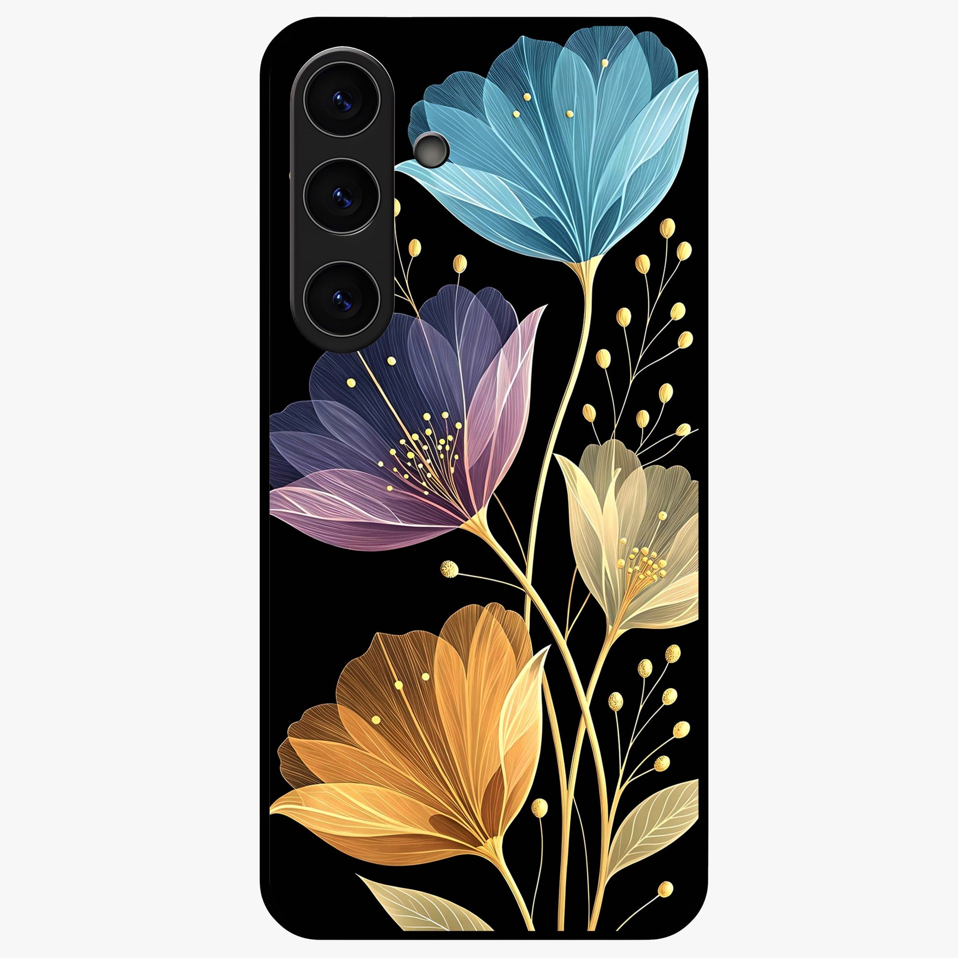 Delicate Multicolor Flowers Glass Case showing flat back view with vibrant floral artwork and glossy glass finish.