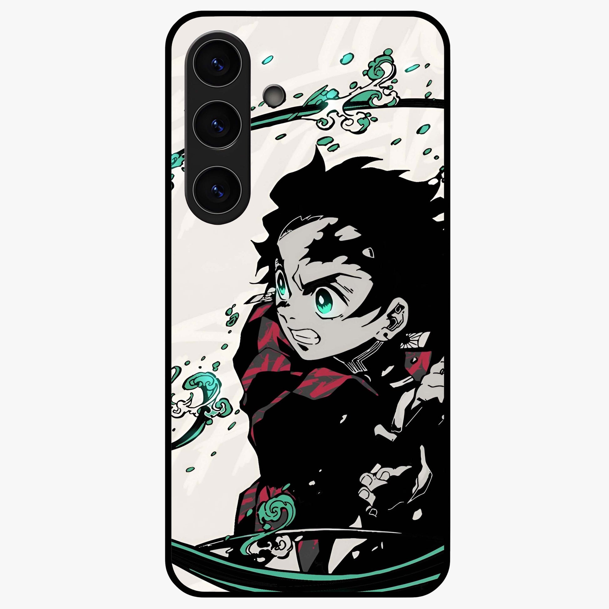 Demon Slayer Glass Case showing flat back view with bold anime inspired artwork and glossy glass finish.
