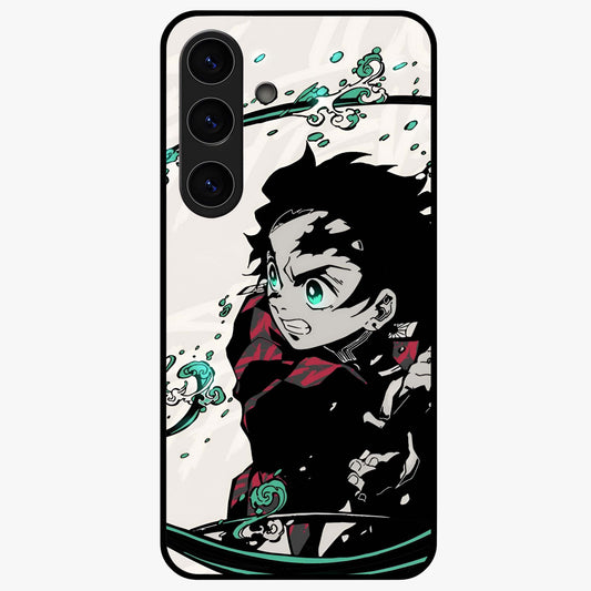 Demon Slayer Glass Case showing flat back view with bold anime inspired artwork and glossy glass finish.