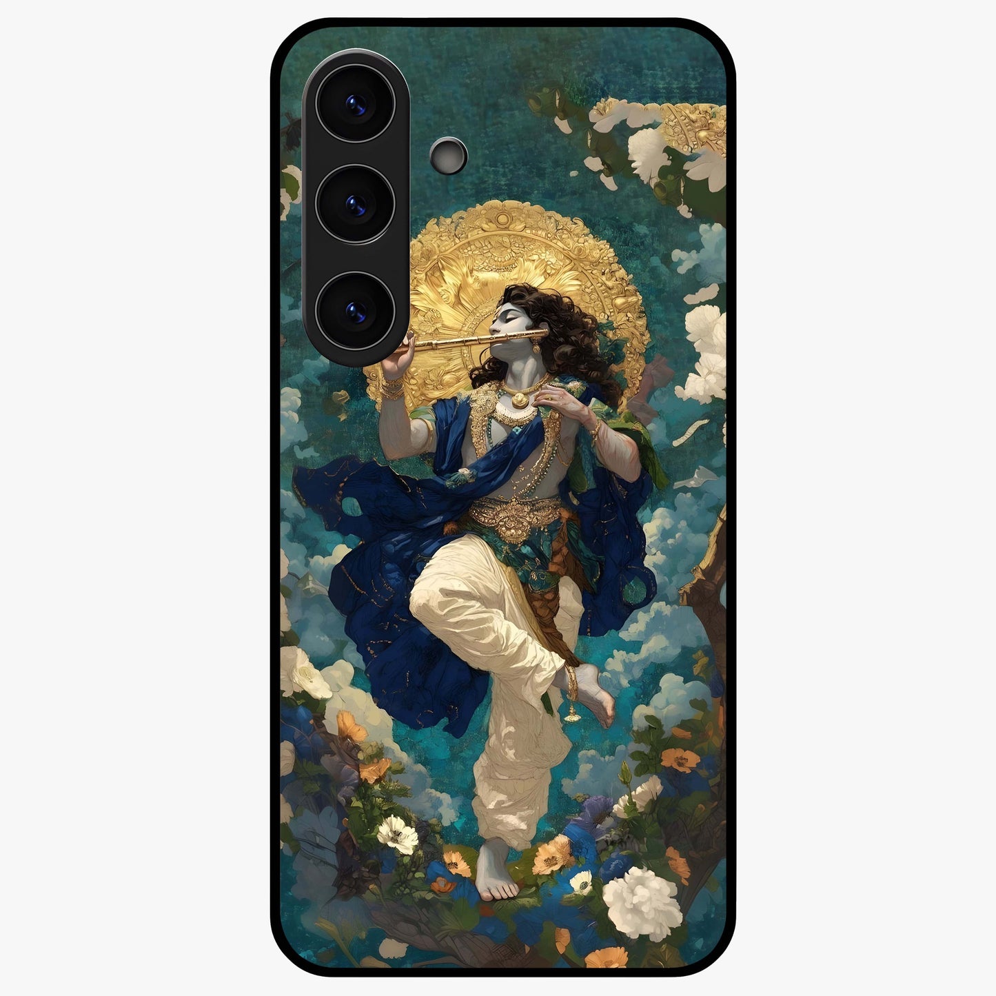 Divine Krishna Art Glass Case showing flat back view with Lord Krishna artwork and glossy glass finish.