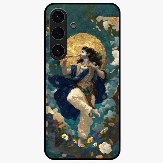 Divine Krishna Art Glass Case showing flat back view with Lord Krishna artwork and glossy glass finish.