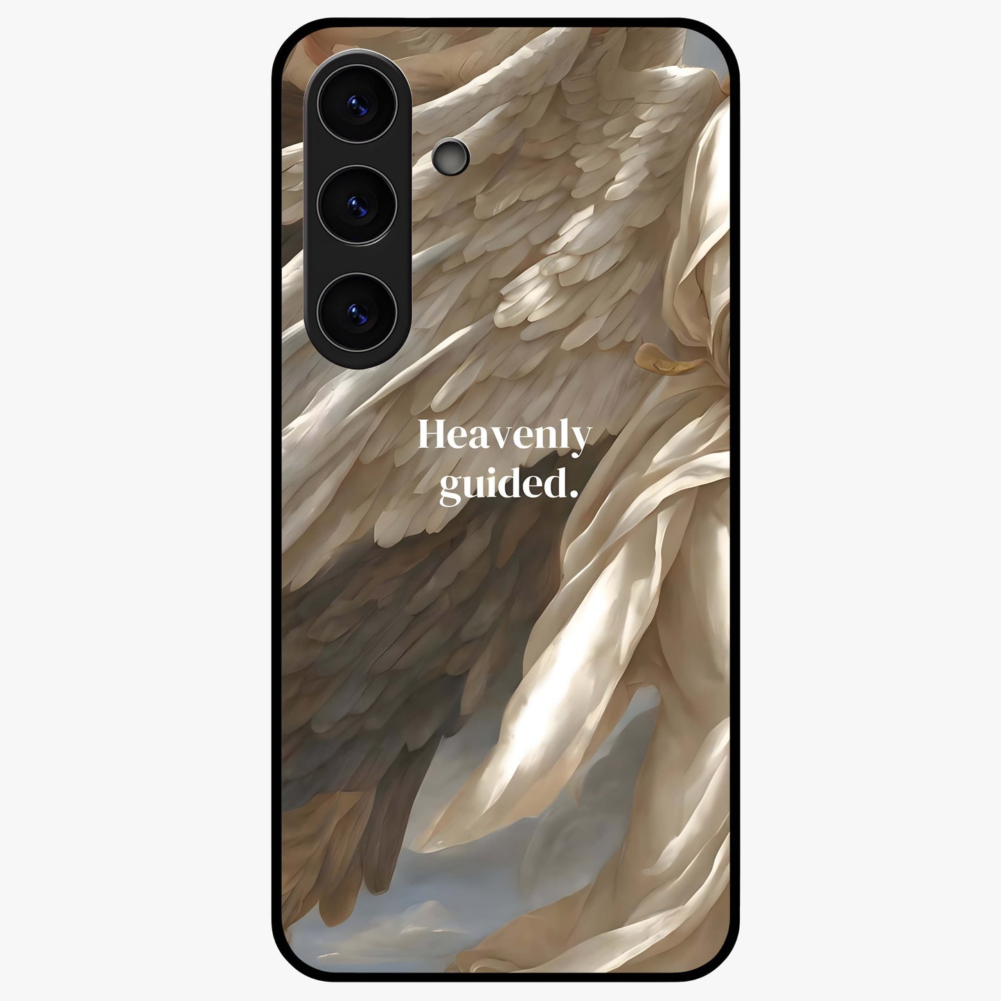 Divine Winged Grace Glass Case showing flat back view with elegant wing inspired artwork and glossy glass finish.