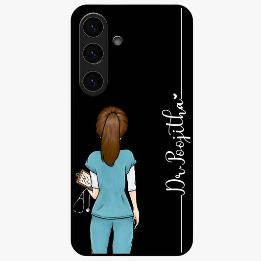 Doctor Pattern Custom Name Glass Case showing flat back view with medical themed pattern and personalized name design.