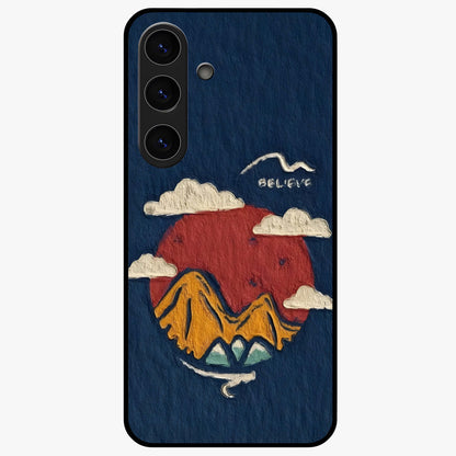 Dream Beyond Mountains Glass Case showing flat back view with scenic mountain landscape artwork and glossy glass finish.