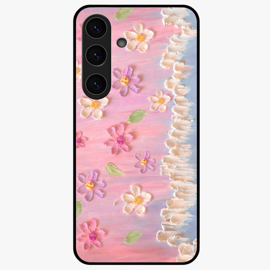 Dreamy Painted Garden Glass Case showing flat back view with artistic painted floral garden artwork and glossy glass finish.