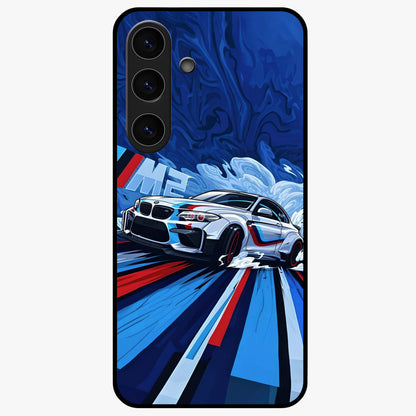 Drift Power Rush Glass Case showing flat back view with dynamic racing inspired artwork and glossy glass finish.