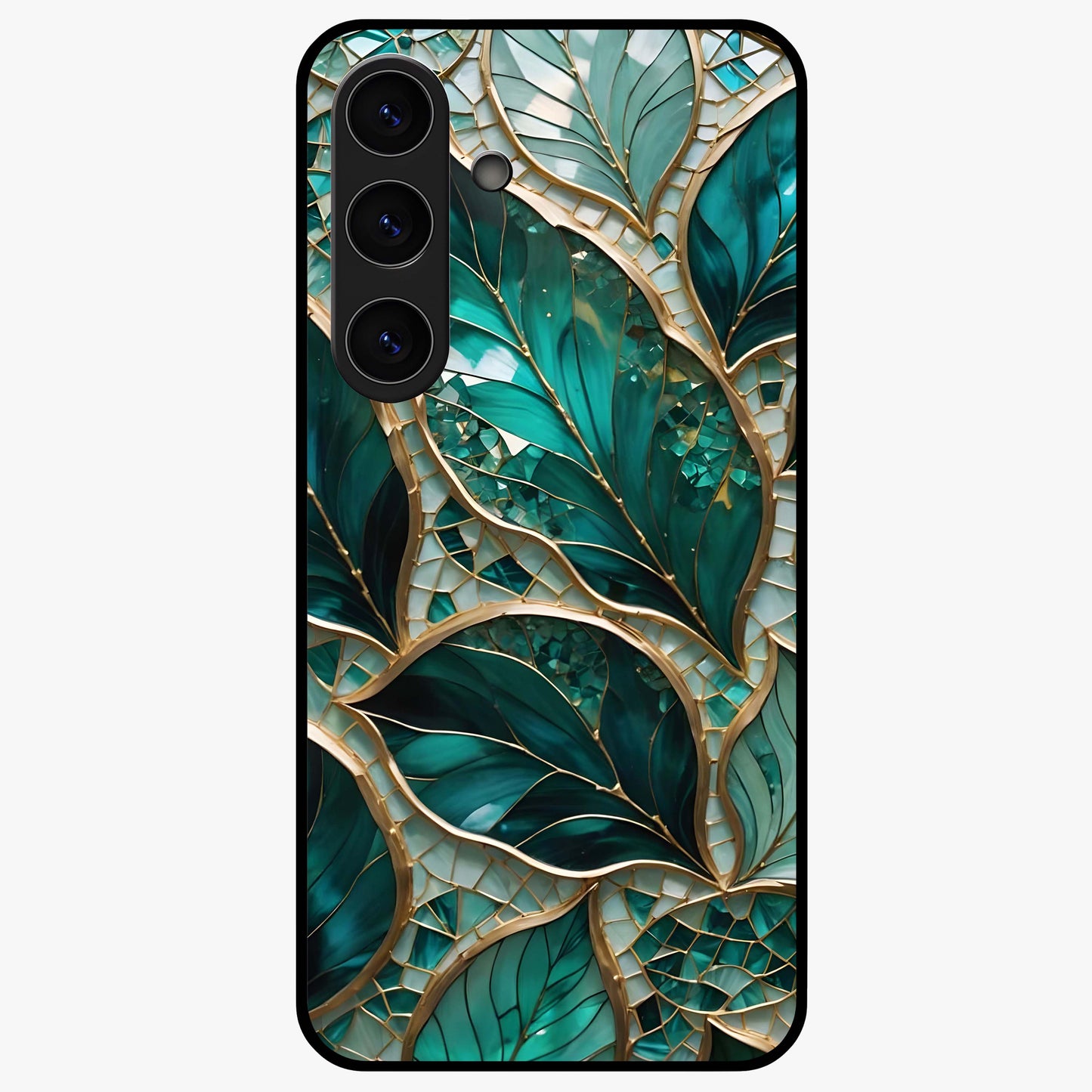 Emerald Leaf Glass Glass Case showing flat back view with emerald green leaf artwork and glossy glass finish.