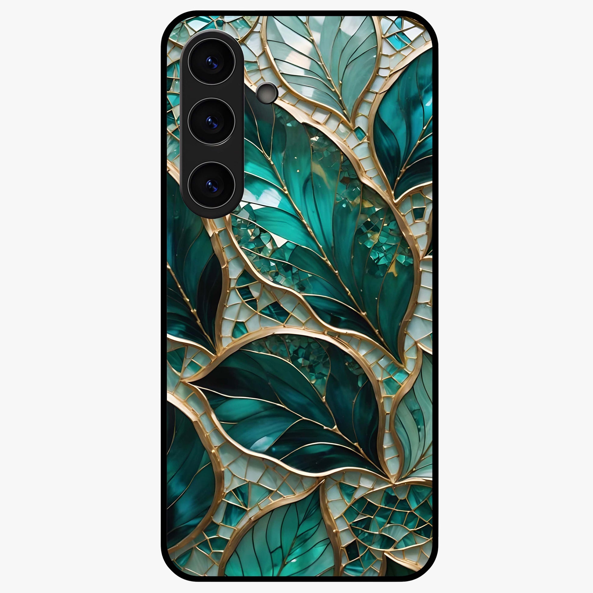 Emerald Leaf Glass Glass Case showing flat back view with emerald green leaf artwork and glossy glass finish.