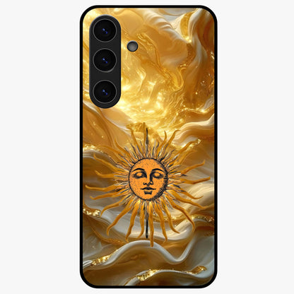 Eternal Golden Glow Glass Case showing flat back view with radiant golden themed artwork and glossy glass finish.