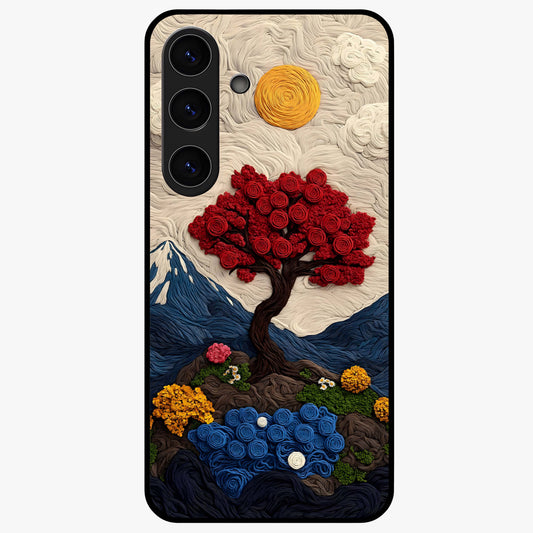 Eternal Nature Tapestry Glass Case showing flat back view with intricate nature tapestry artwork and glossy glass finish.