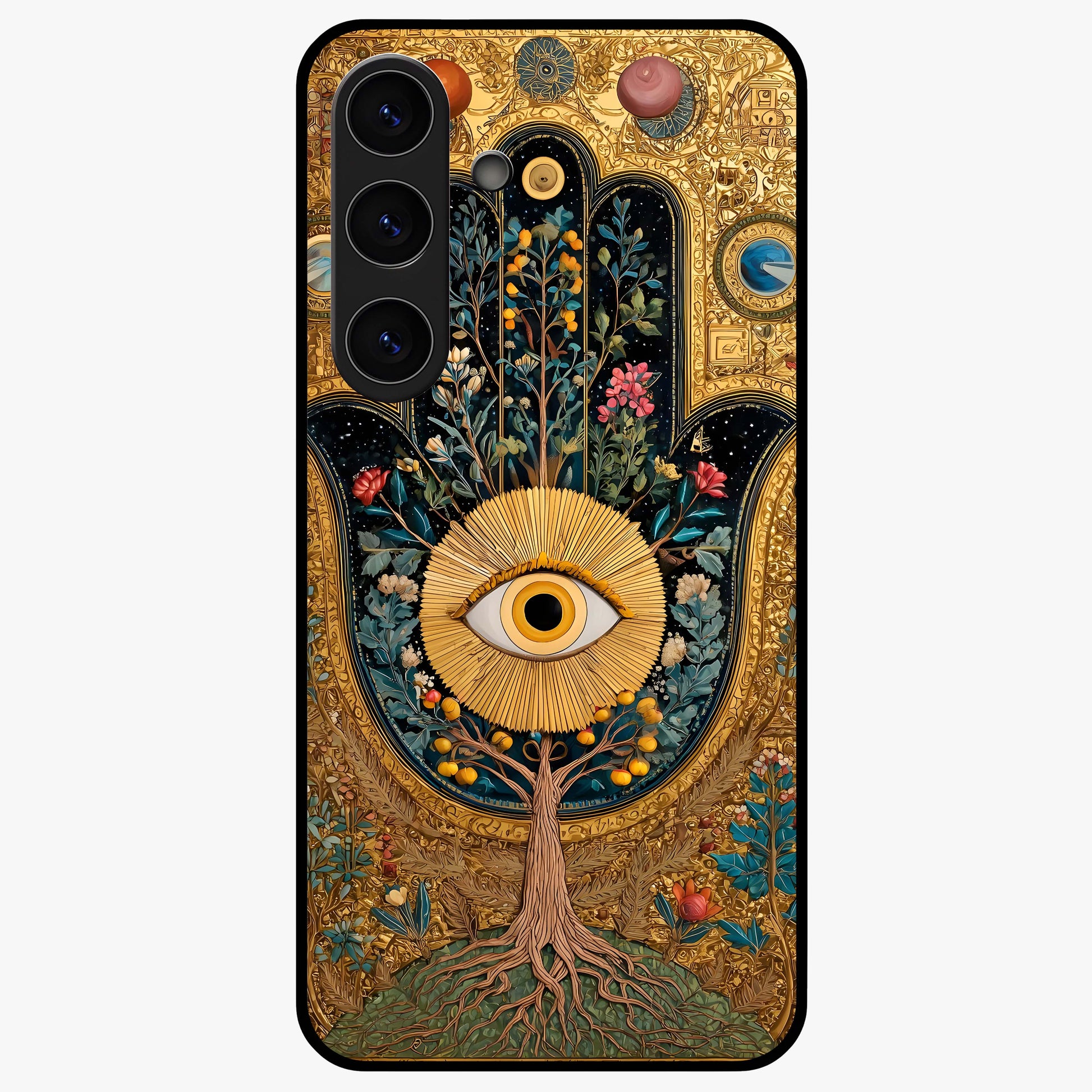 Ethereal Evil Eye Glass Case showing flat back view with mystical evil eye artwork and glossy glass finish.