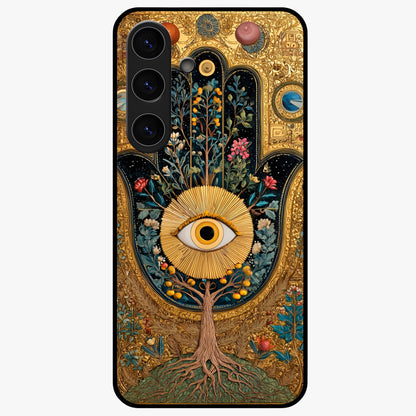 Ethereal Evil Eye Glass Case showing flat back view with mystical evil eye artwork and glossy glass finish.