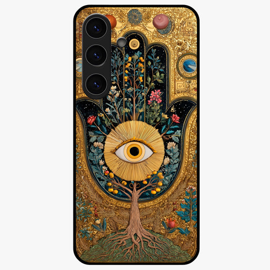 Ethereal Evil Eye Glass Case showing flat back view with mystical evil eye artwork and glossy glass finish.