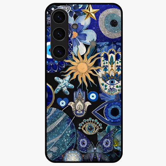 Evil Eye Charm Mix Glass Case showing flat back view with multiple evil eye charms artwork and glossy glass finish.