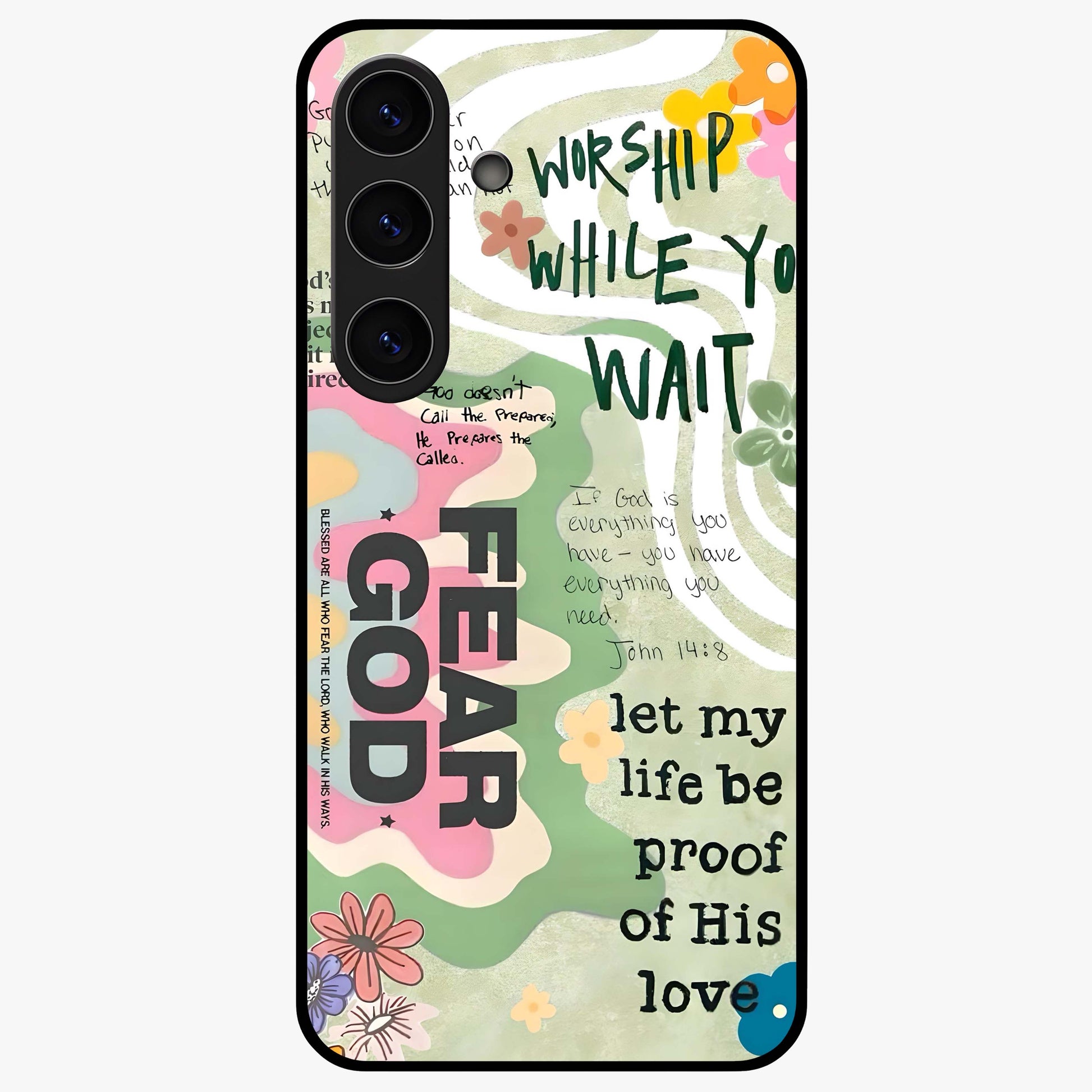 Faith Over Fear Glass Case showing flat back view with motivational typography artwork and glossy glass finish.