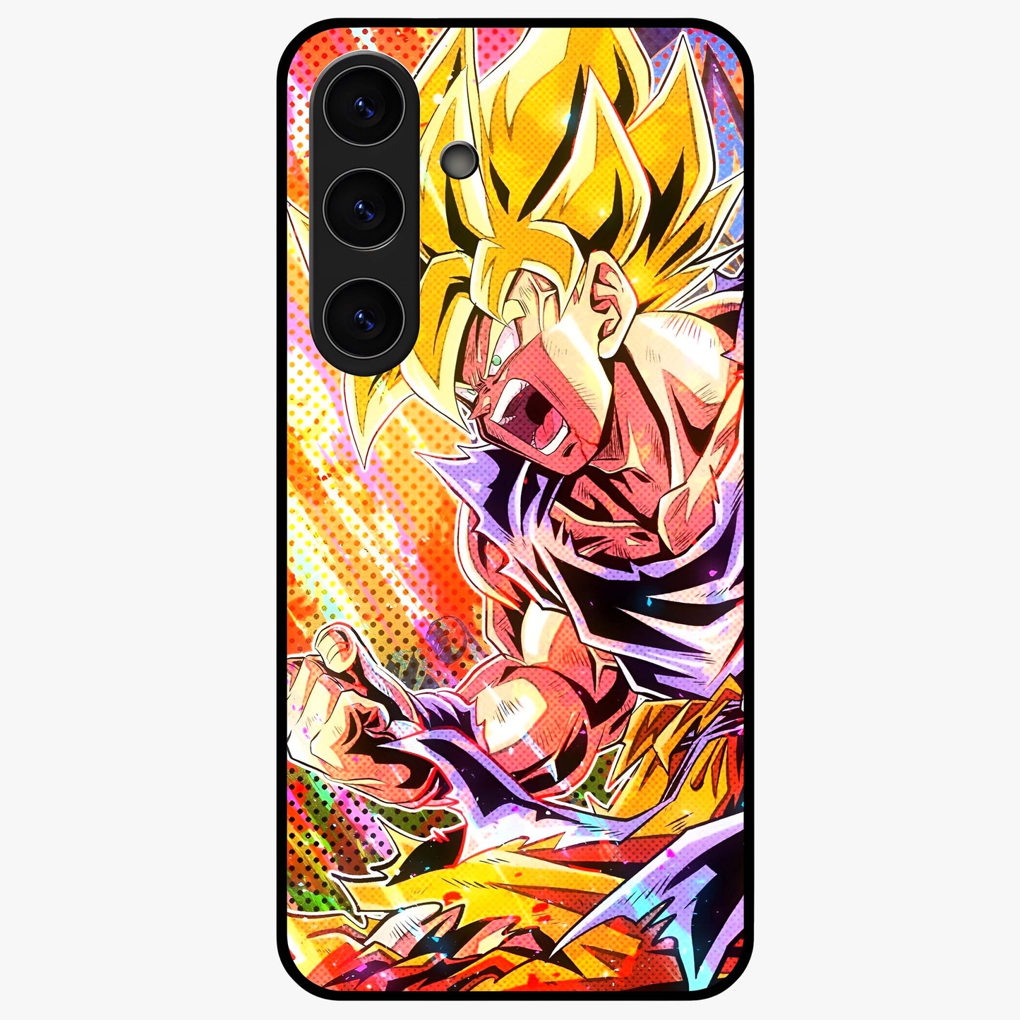Firing Goku Glass Case showing flat back view with powerful anime inspired artwork and glossy glass finish.