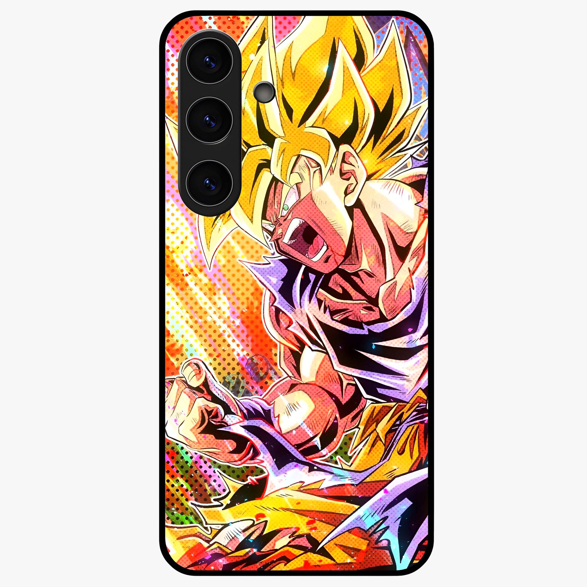 Firing Goku Glass Case showing flat back view with powerful anime inspired artwork and glossy glass finish.