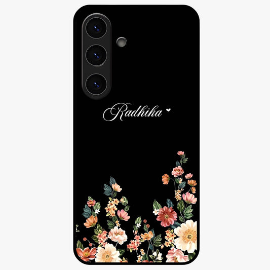 Floral Design With a Custom Personalized Name Glass Case showing flat back view with floral artwork and personalized name design.