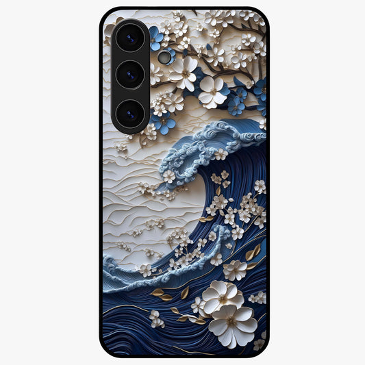 Floral Wave Origami Glass Case showing flat back view with origami inspired floral wave artwork and glossy glass finish.