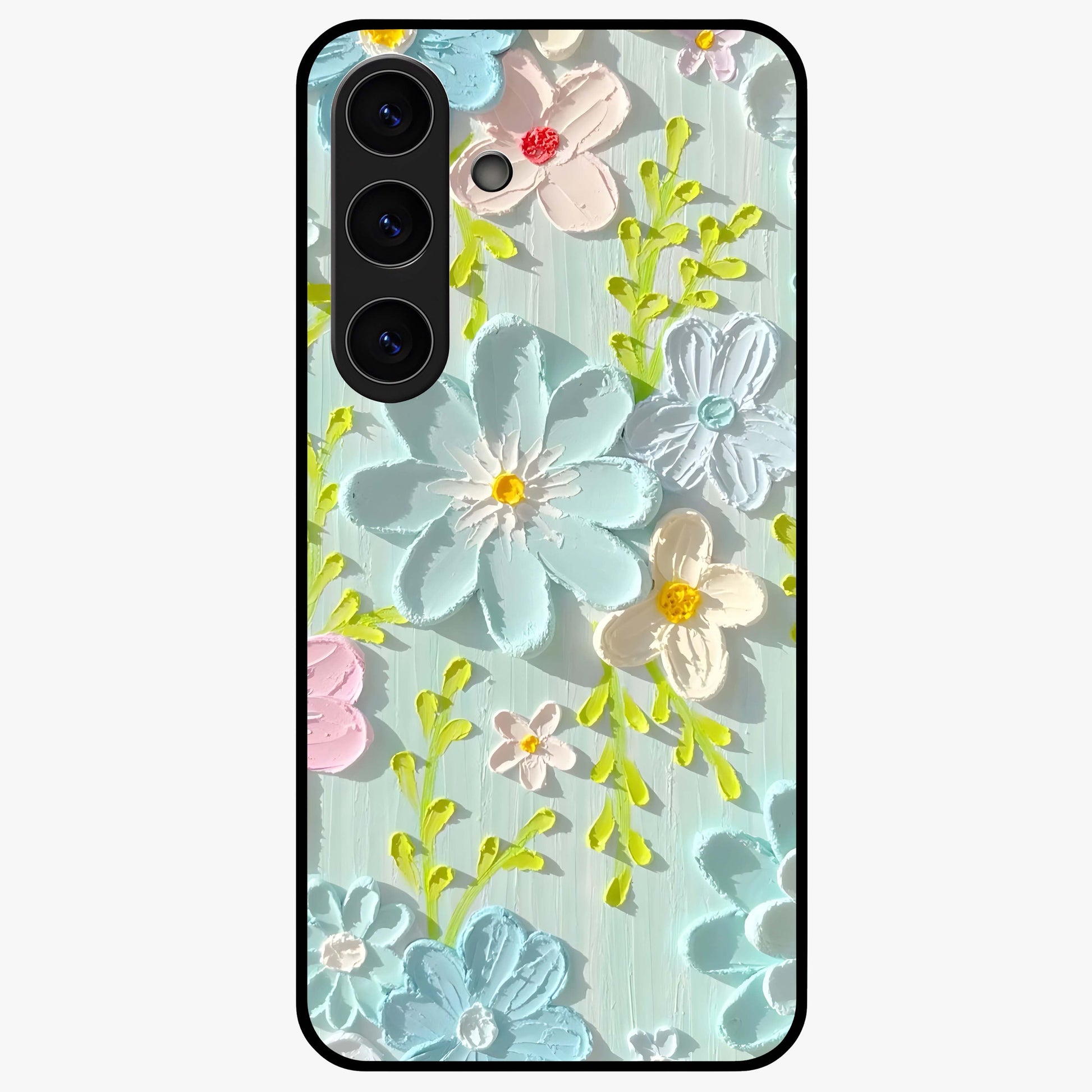 Frosted Petal Garden Glass Case showing flat back view with soft frosted floral artwork and glossy glass finish.