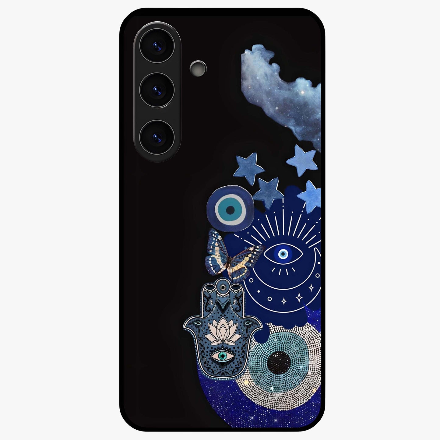 Galactic Charm Cluster Glass Case showing flat back view with glowing celestial charm artwork and glossy glass finish.