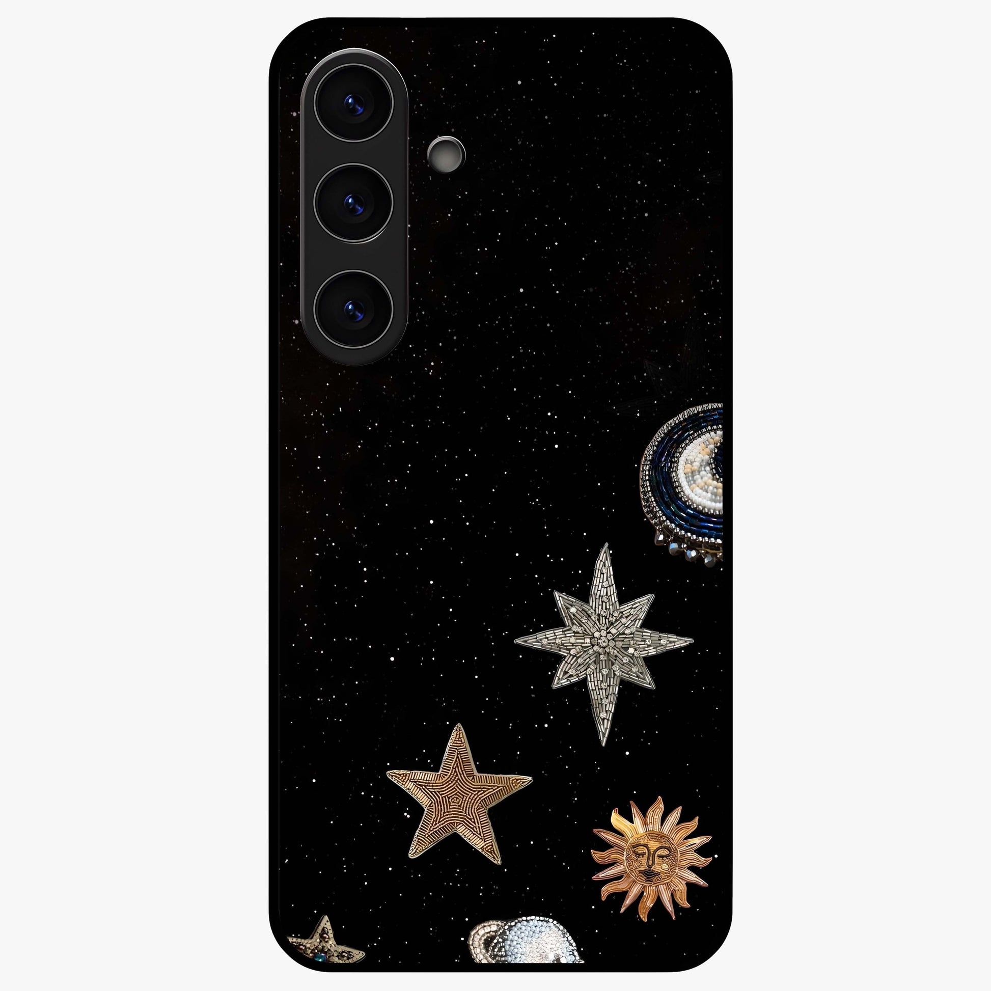 Galactic Charm Glow Glass Case showing flat back view with glowing celestial charm artwork and glossy glass finish.