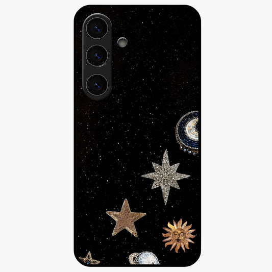 Galactic Charm Glow Glass Case showing flat back view with glowing celestial charm artwork and glossy glass finish.