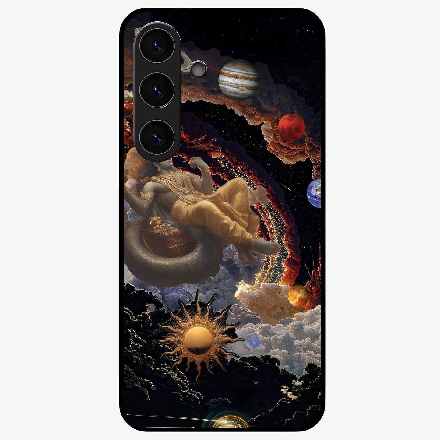 Galactic Divine God Glass Case showing flat back view with divine cosmic themed artwork and glossy glass finish.