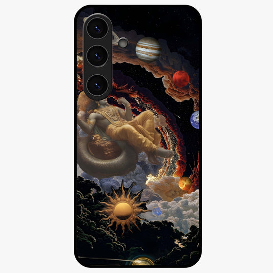 Galactic Divine God Glass Case showing flat back view with divine cosmic themed artwork and glossy glass finish.
