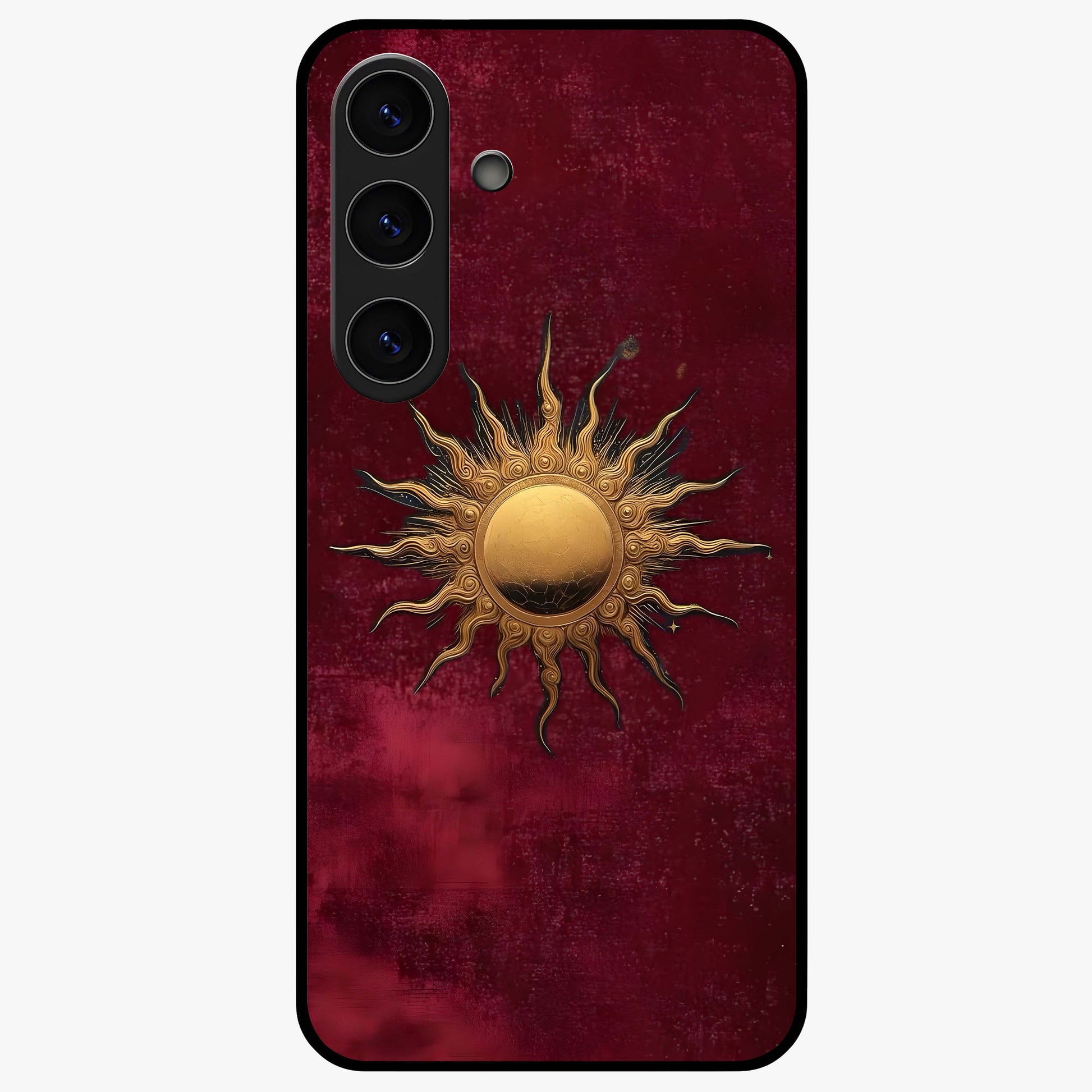 Golden Celestial Charm Glass Case showing flat back view with golden celestial charm artwork and glossy glass finish.