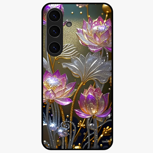 Golden Royal Heritage Glass Case showing flat back view with ornate royal pattern artwork and glossy glass finish.