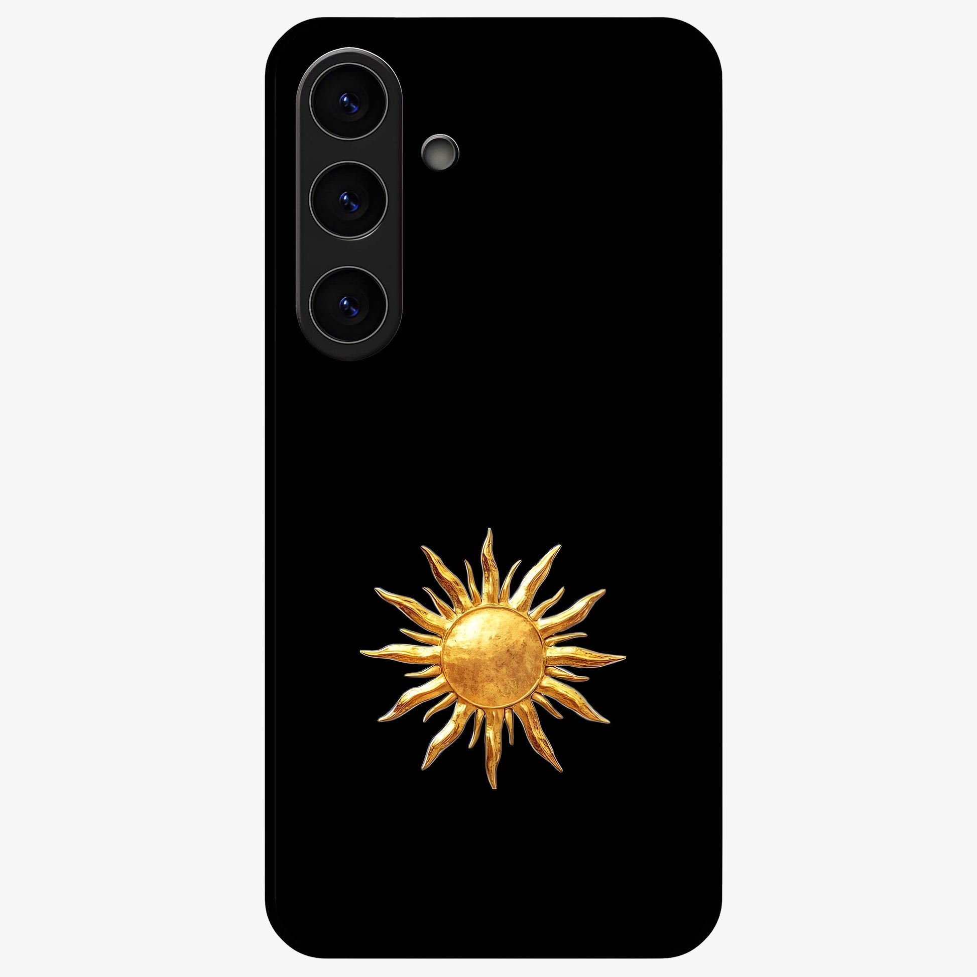 Gold Sun Blush Glass Case showing flat back view with golden sun inspired artwork and glossy glass finish.