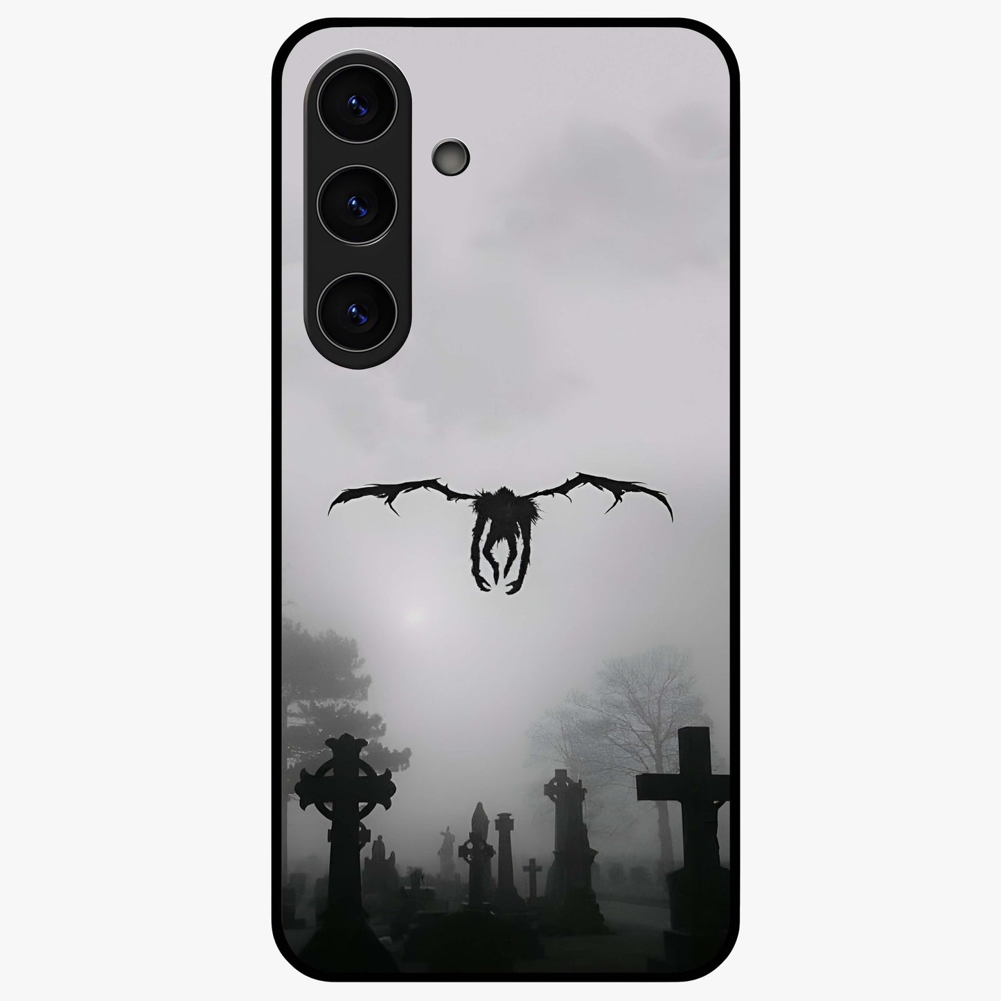 Graveyard Shadow Descent Glass Case showing flat back view with dark graveyard themed artwork and glossy glass finish.