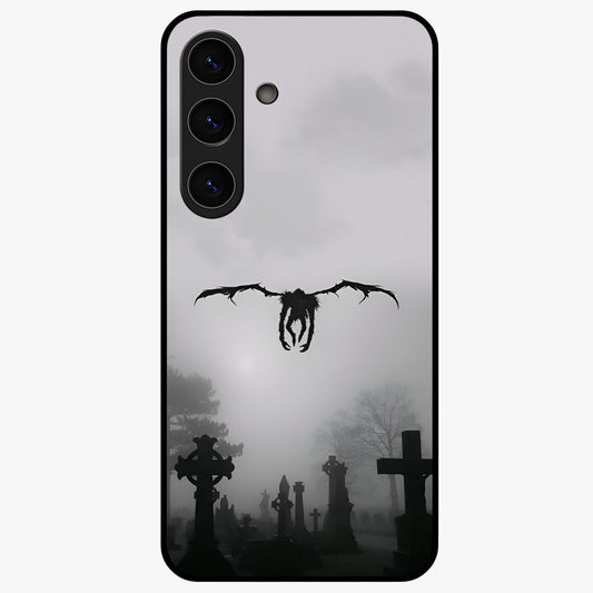 Graveyard Shadow Descent Glass Case showing flat back view with dark graveyard themed artwork and glossy glass finish.