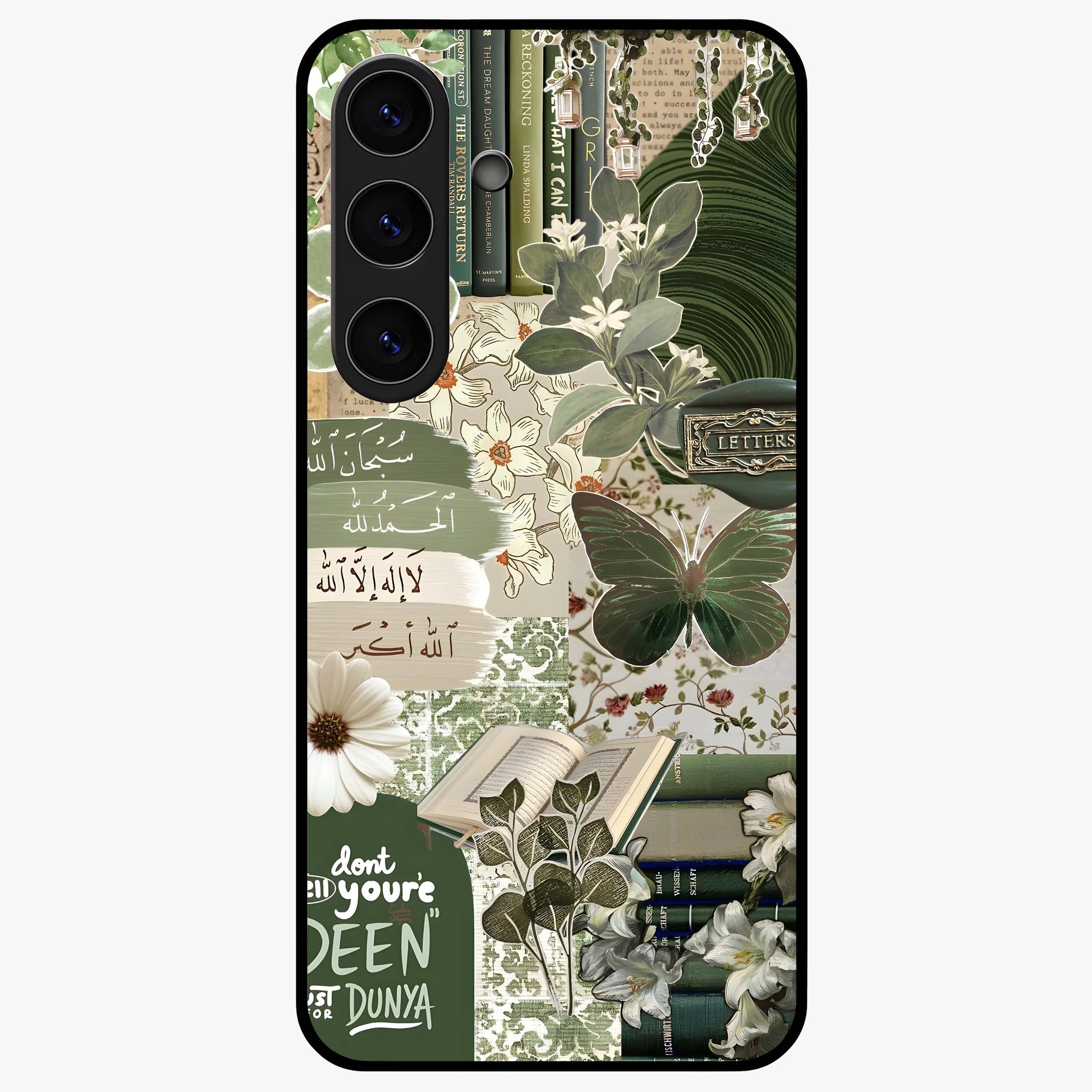 Green Islamic Books Quotes Glass Case showing flat back view with Islamic quotes and book themed artwork and glossy glass finish.