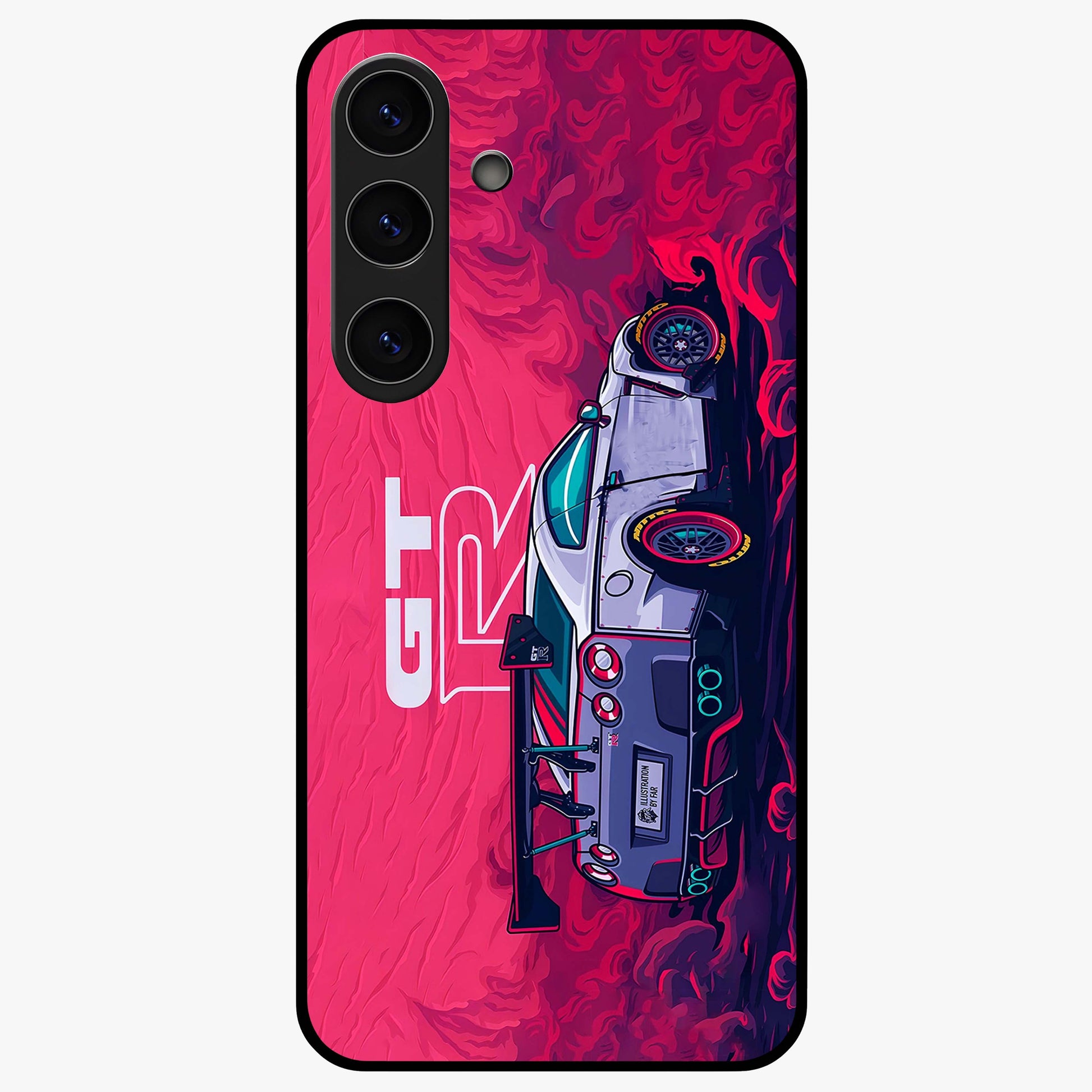 GT-R Car Pattern Glass Case showing flat back view with sporty car inspired pattern artwork and glossy glass finish.