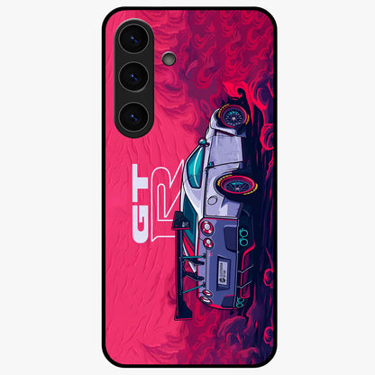 GT-R Car Pattern Glass Case showing flat back view with sporty car inspired pattern artwork and glossy glass finish.