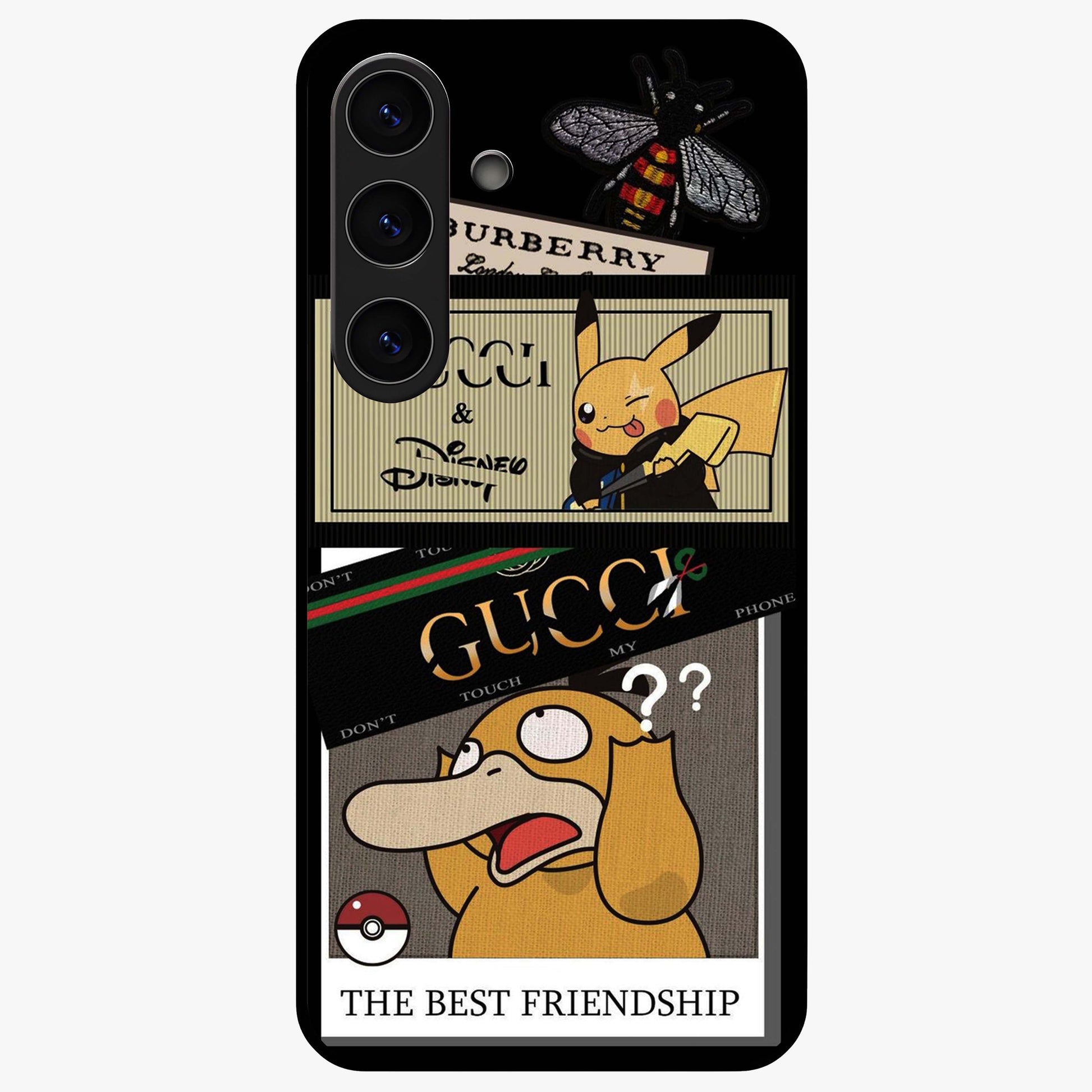 Gucci Play Mashup Glass Case showing flat back view with luxury inspired graphic artwork and glossy glass finish.