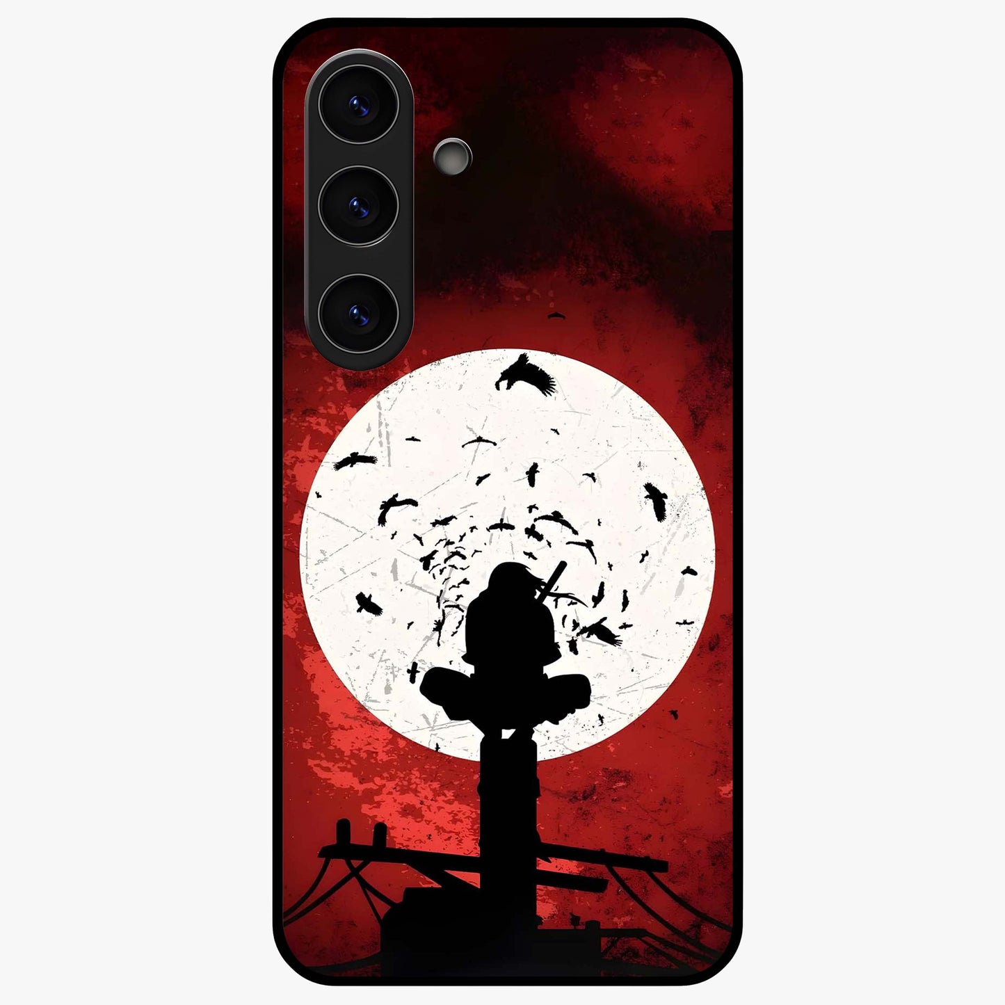 Itachi Sharingan Glass Case showing flat back view with powerful anime eye artwork and glossy glass finish.