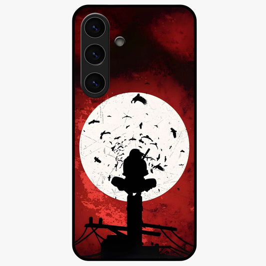 Itachi Sharingan Glass Case showing flat back view with powerful anime eye artwork and glossy glass finish.