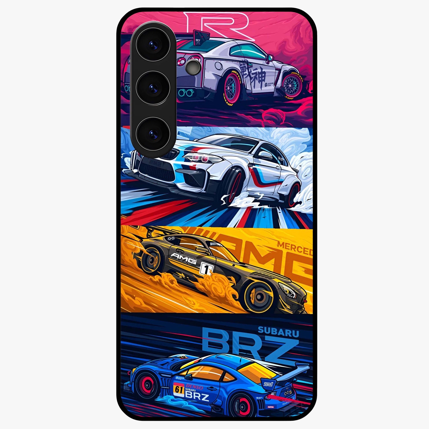 JDM Sports Car Glass Case showing flat back view with high performance sports car artwork and glossy glass finish.