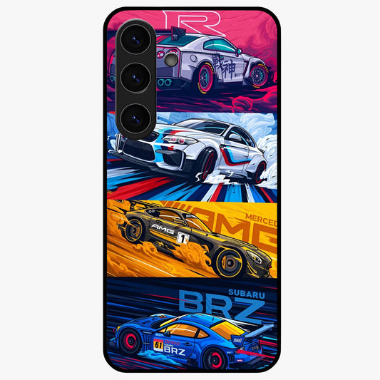 JDM Sports Car Glass Case showing flat back view with high performance sports car artwork and glossy glass finish.